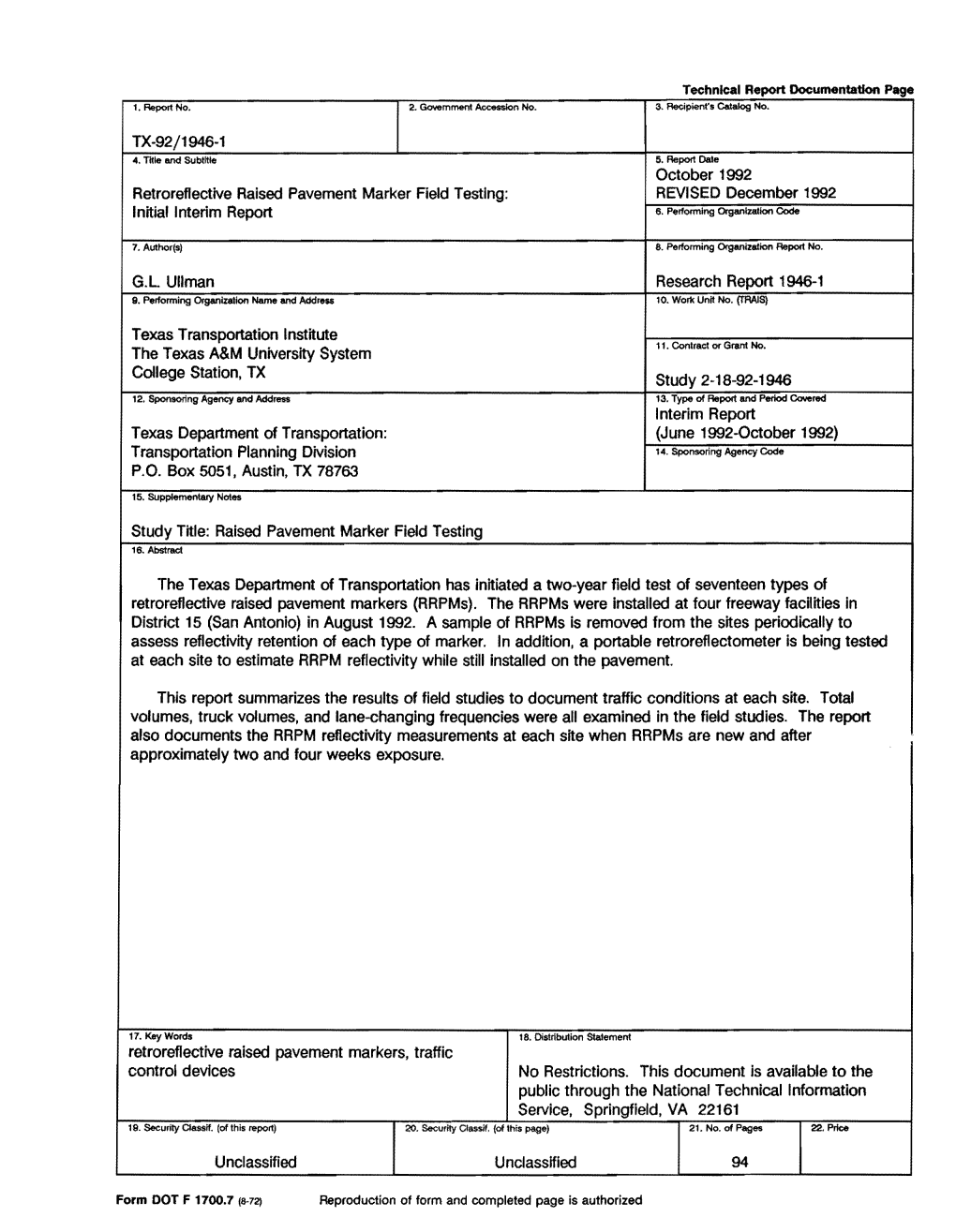 Retroreflective Raised Pavement Marker Field Testing: REVISED December 1992 Initial Interim Report 6