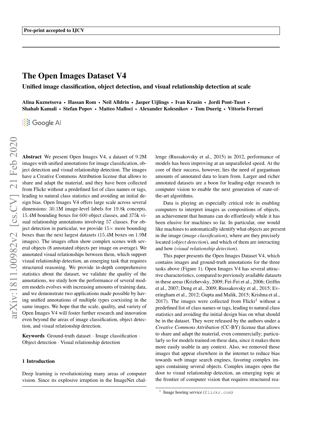 The Open Images Dataset V4 Uniﬁed Image Classiﬁcation, Object Detection, and Visual Relationship Detection at Scale