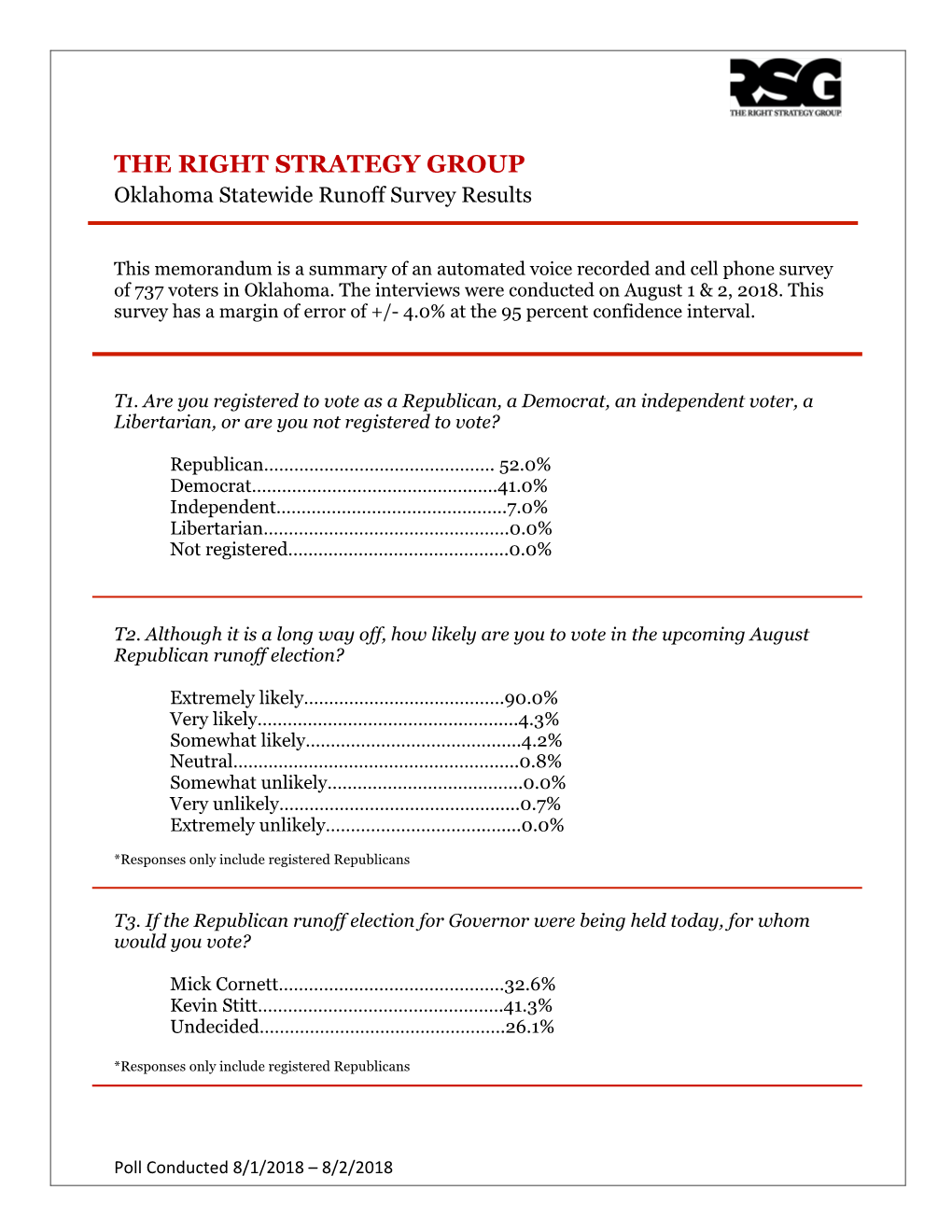 THE RIGHT STRATEGY GROUP Oklahoma Statewide Runoff Survey Results