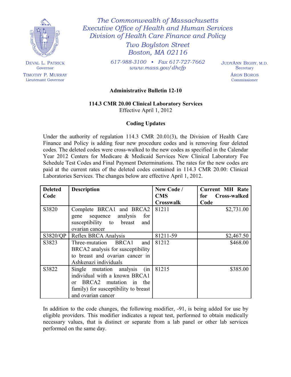 114.3 CMR 20.00 Clinical Laboratory Services