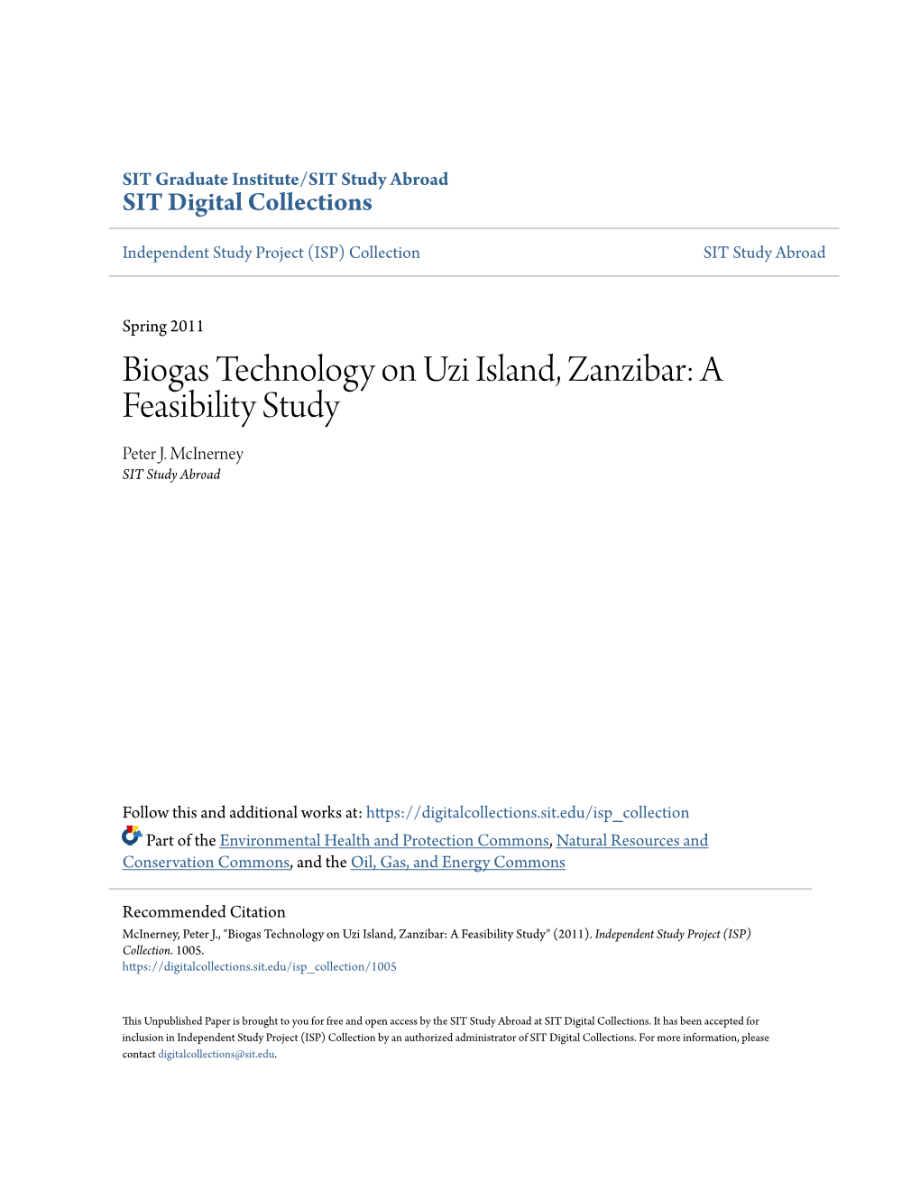 Biogas Technology on Uzi Island, Zanzibar: a Feasibility Study Peter J