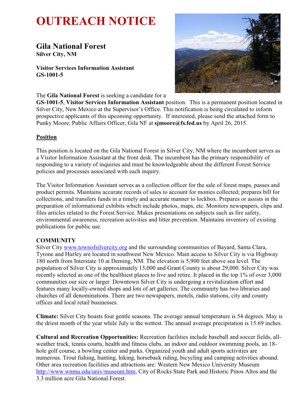 OUTREACH NOTICE Gila National Forest