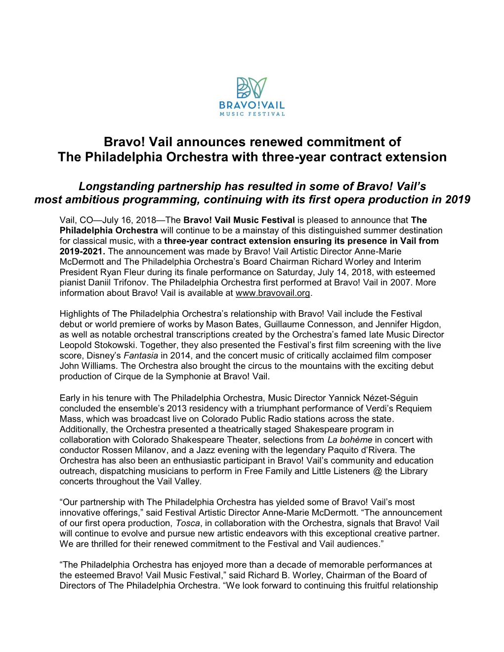 Bravo! Vail Announces Renewed Commitment of the Philadelphia Orchestra with Three-Year Contract Extension