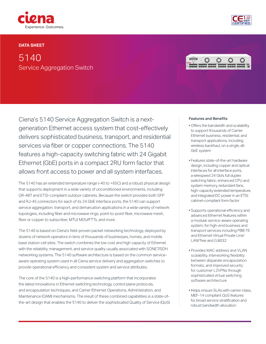 Ciena 5140 Service Aggregation Switch Data Sheet