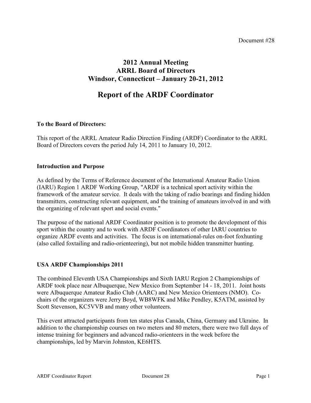 Report of the ARDF Coordinator