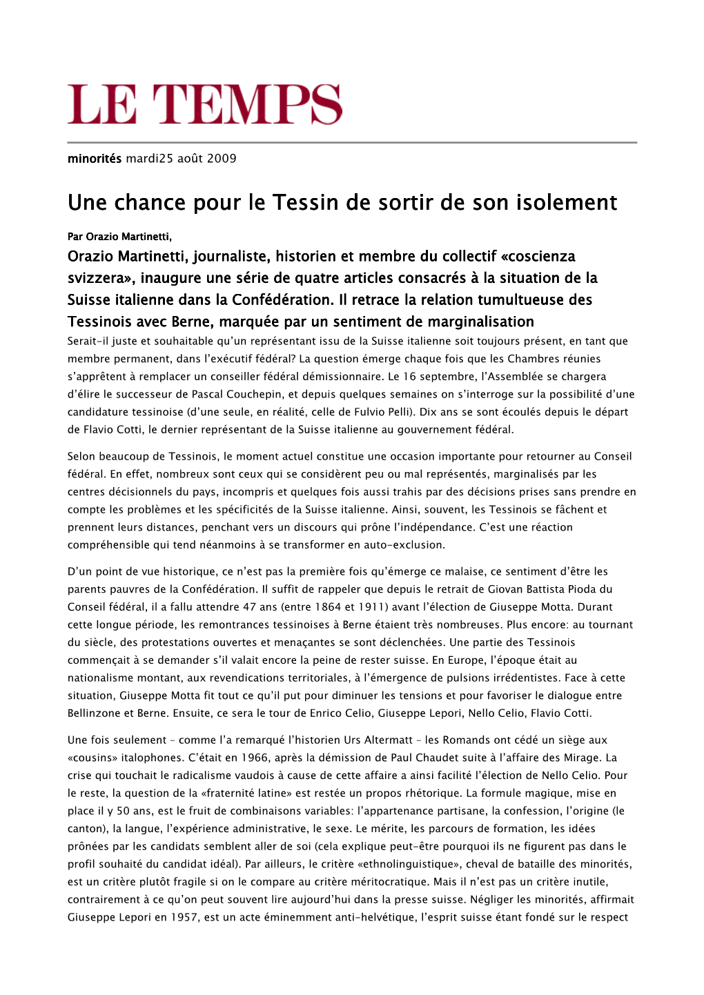 Une Chance Pour Le Tessin De Sortir De Son Isolement Une Chance Pour