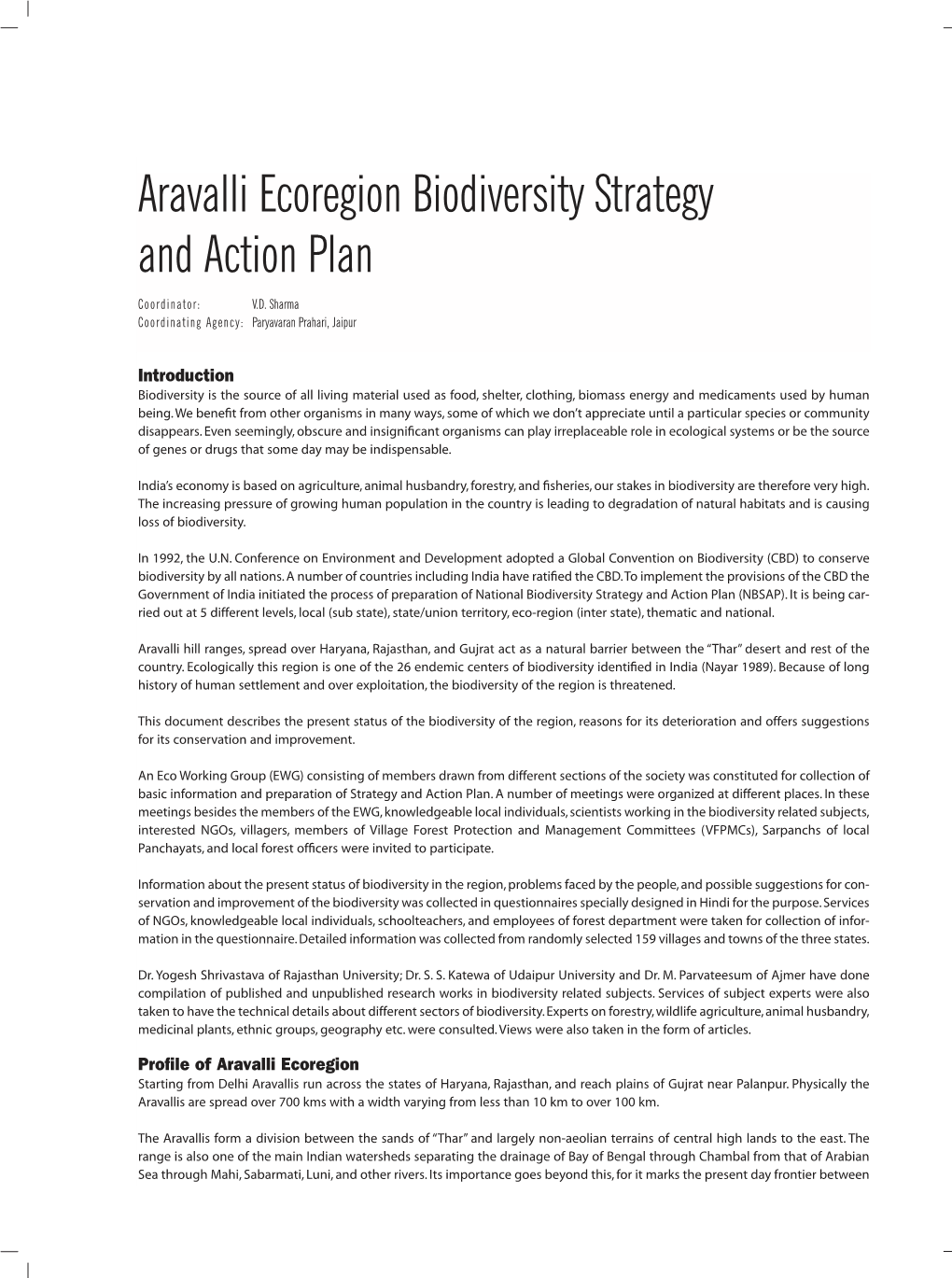 Aravalli Ecoregion Biodiversity Strategy and Action Plan