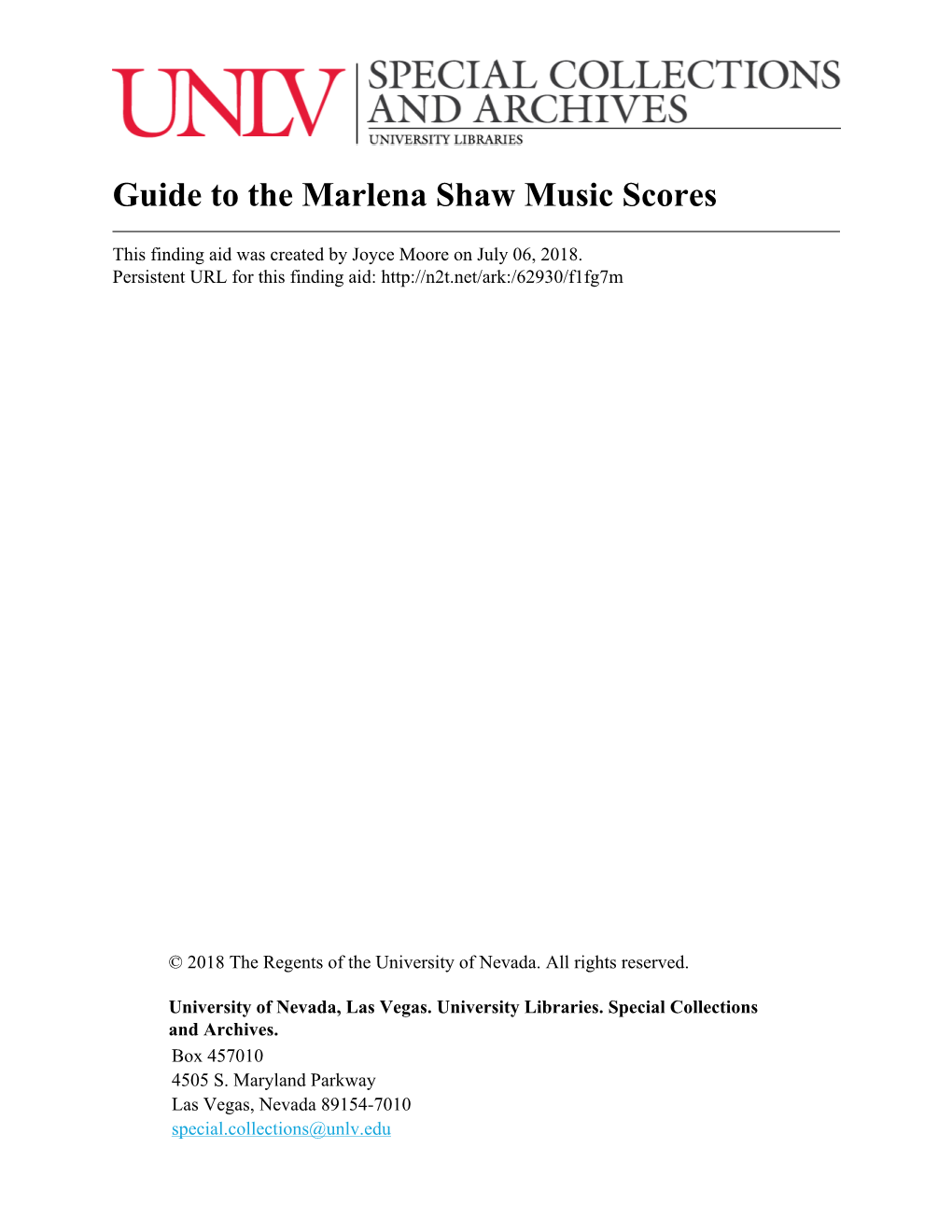 Guide to the Marlena Shaw Music Scores