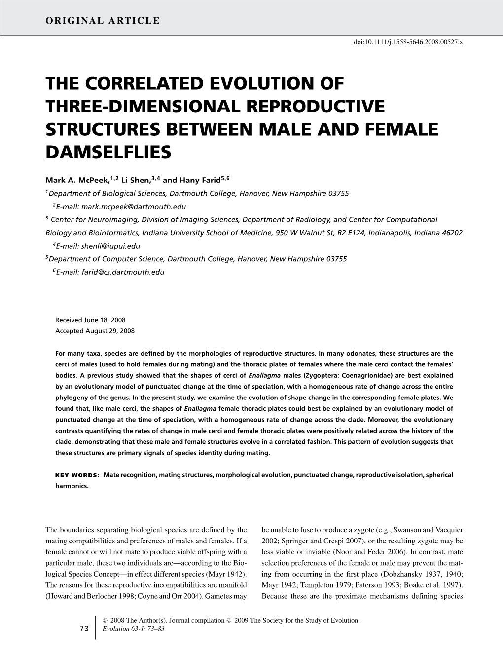 The Correlated Evolution of Three-Dimensional Reproductive Structures Between Male and Female Damselflies