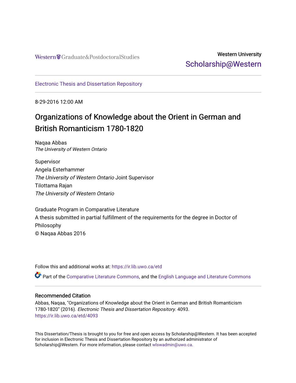 Organizations of Knowledge About the Orient in German and British Romanticism 1780-1820