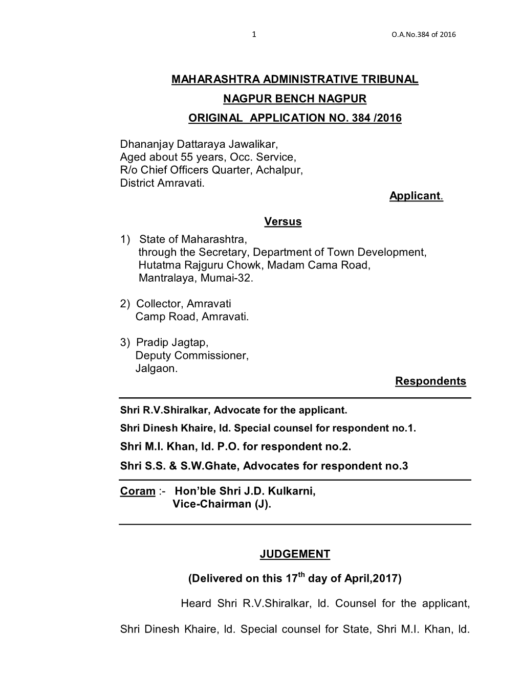 Maharashtra Administrative Tribunal Nagpur Bench Nagpur Original Application No