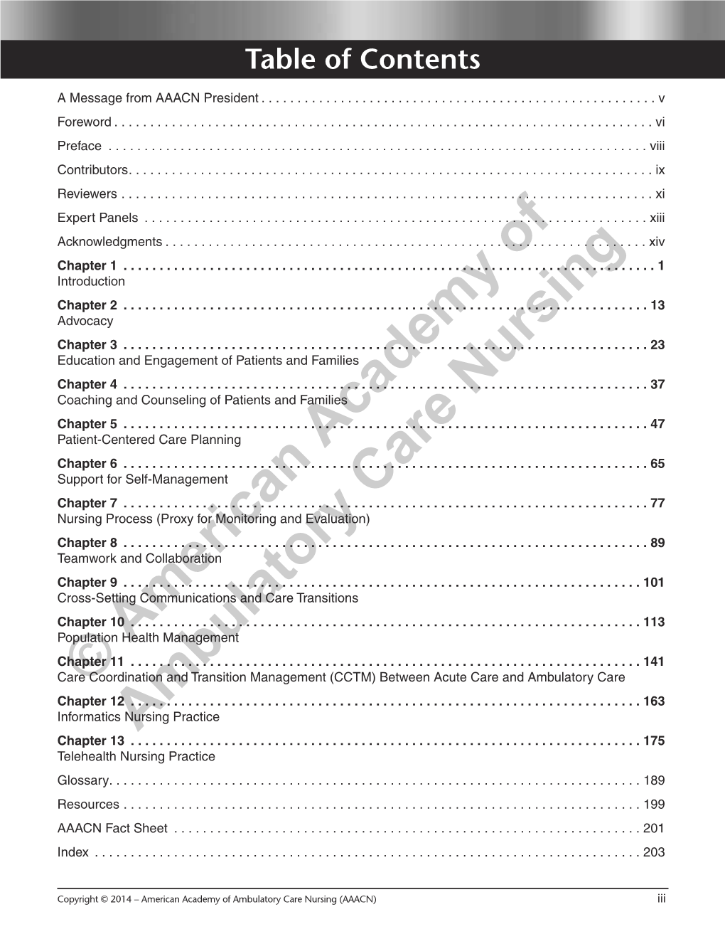 American Academy of Ambulatory Care Nursing Table of Contents