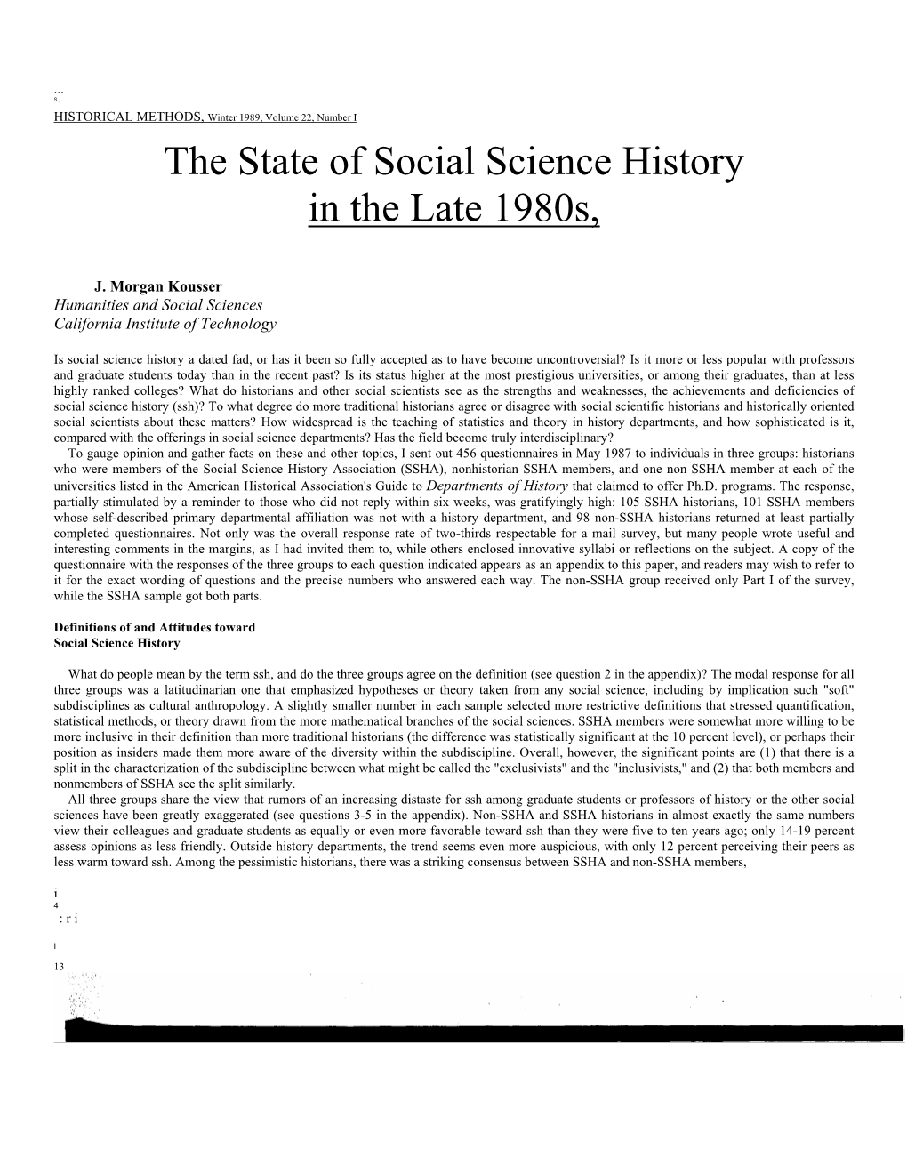 The State of Social Science History in the Late 1980S