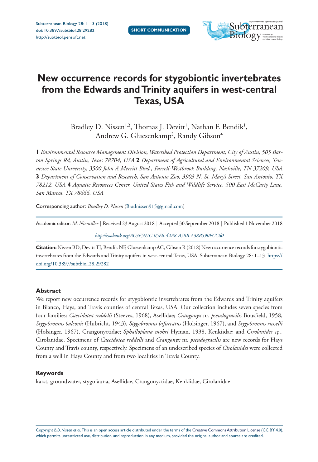 New Occurrence Records for Stygobiontic Invertebrates from the Edwards and Trinity Aquifers in West-Central Texas, USA