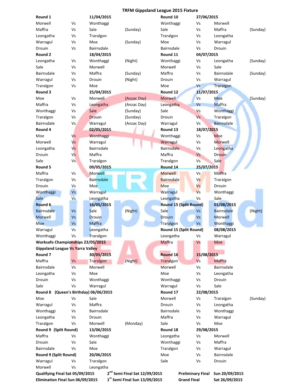 TRFM Gippsland League 2015 Fixture