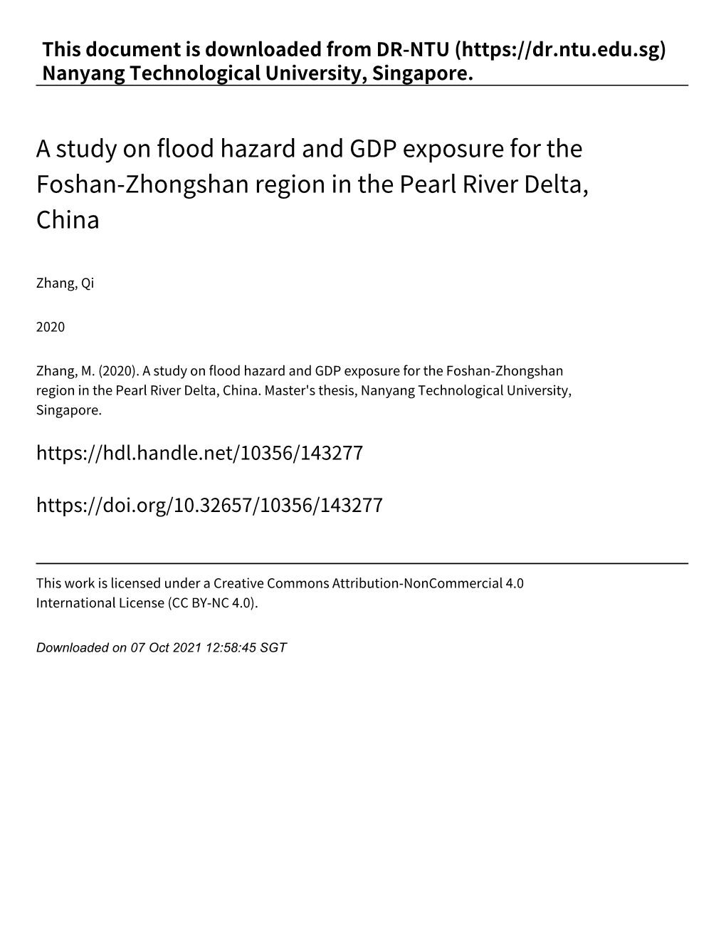 A Study on Flood Hazard and GDP Exposure for the Foshan‑Zhongshan Region in the Pearl River Delta, China