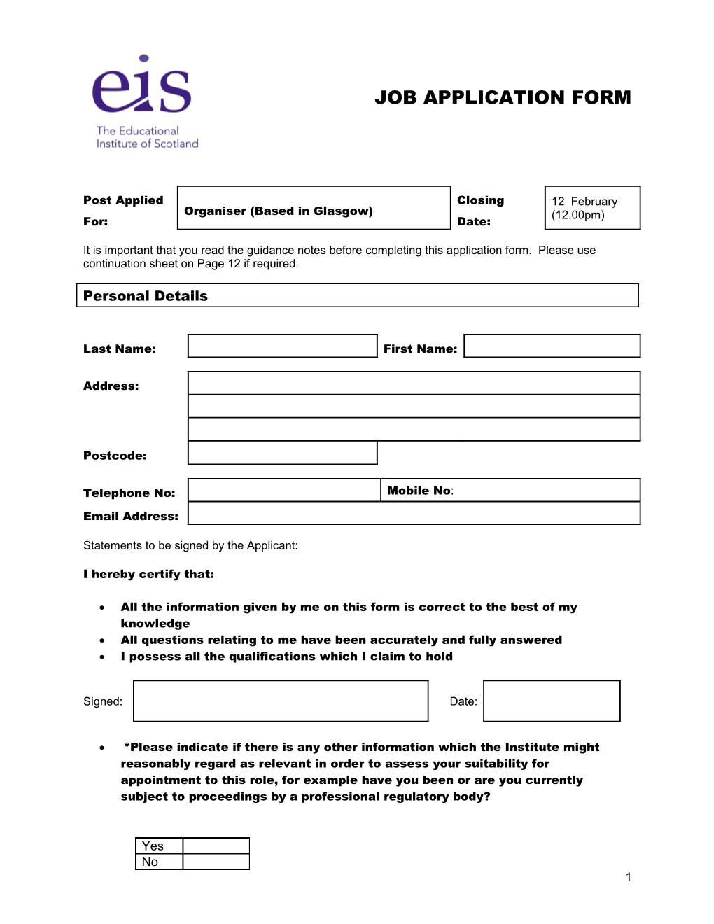 The Educational Instiute of Scotland Application Form