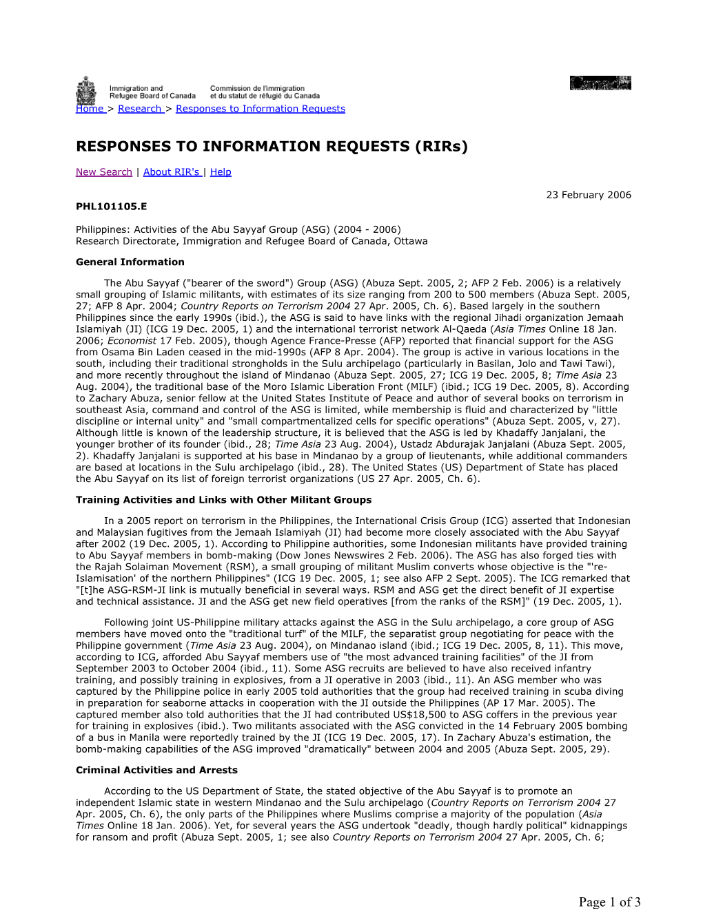 Philippines: Activities of the Abu Sayyaf Group (ASG) (2004 - 2006) Research Directorate, Immigration and Refugee Board of Canada, Ottawa