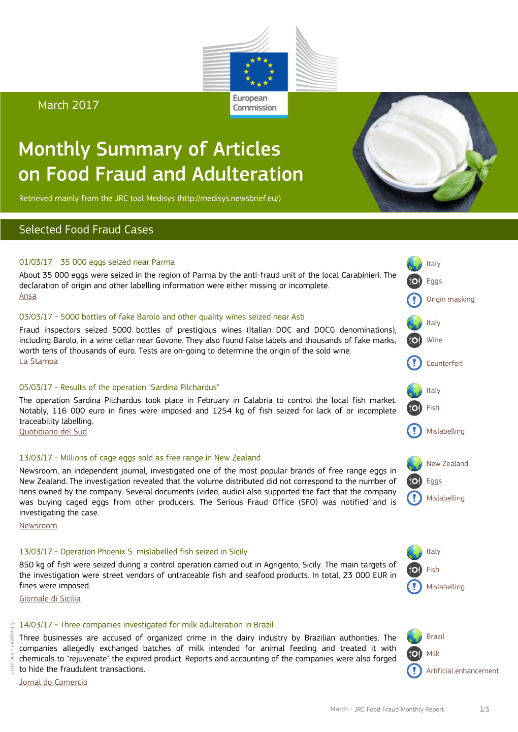 Monthly Summary of Articles on Food Fraud and Adulteration Retrieved Mainly from the JRC Tool Medisys (