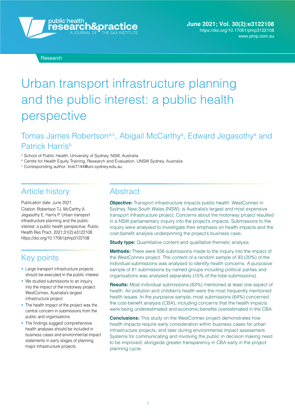 Urban Transport Infrastructure Planning and the Public Interest: a Public Health Perspective