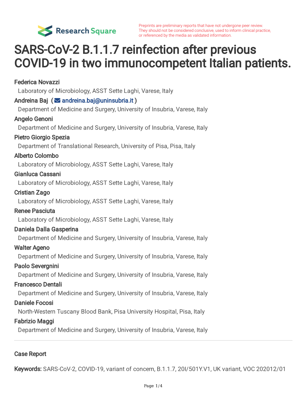 SARS-Cov-2 B.1.1.7 Reinfection After Previous COVID-19 in Two Immunocompetent Italian Patients