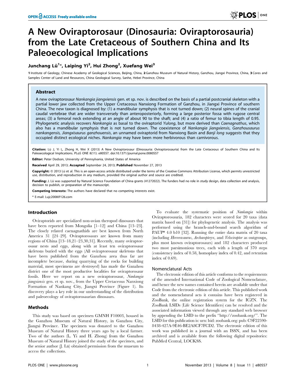 A New Oviraptorosaur (Dinosauria: Oviraptorosauria) from the Late Cretaceous of Southern China and Its Paleoecological Implications