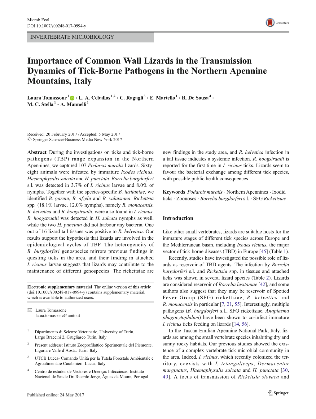 Importance of Common Wall Lizards in the Transmission Dynamics of Tick-Borne Pathogens in the Northern Apennine Mountains, Italy