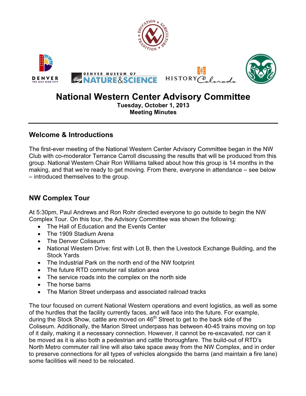 National Western Center Advisory Committee Tuesday, October 1, 2013 Meeting Minutes