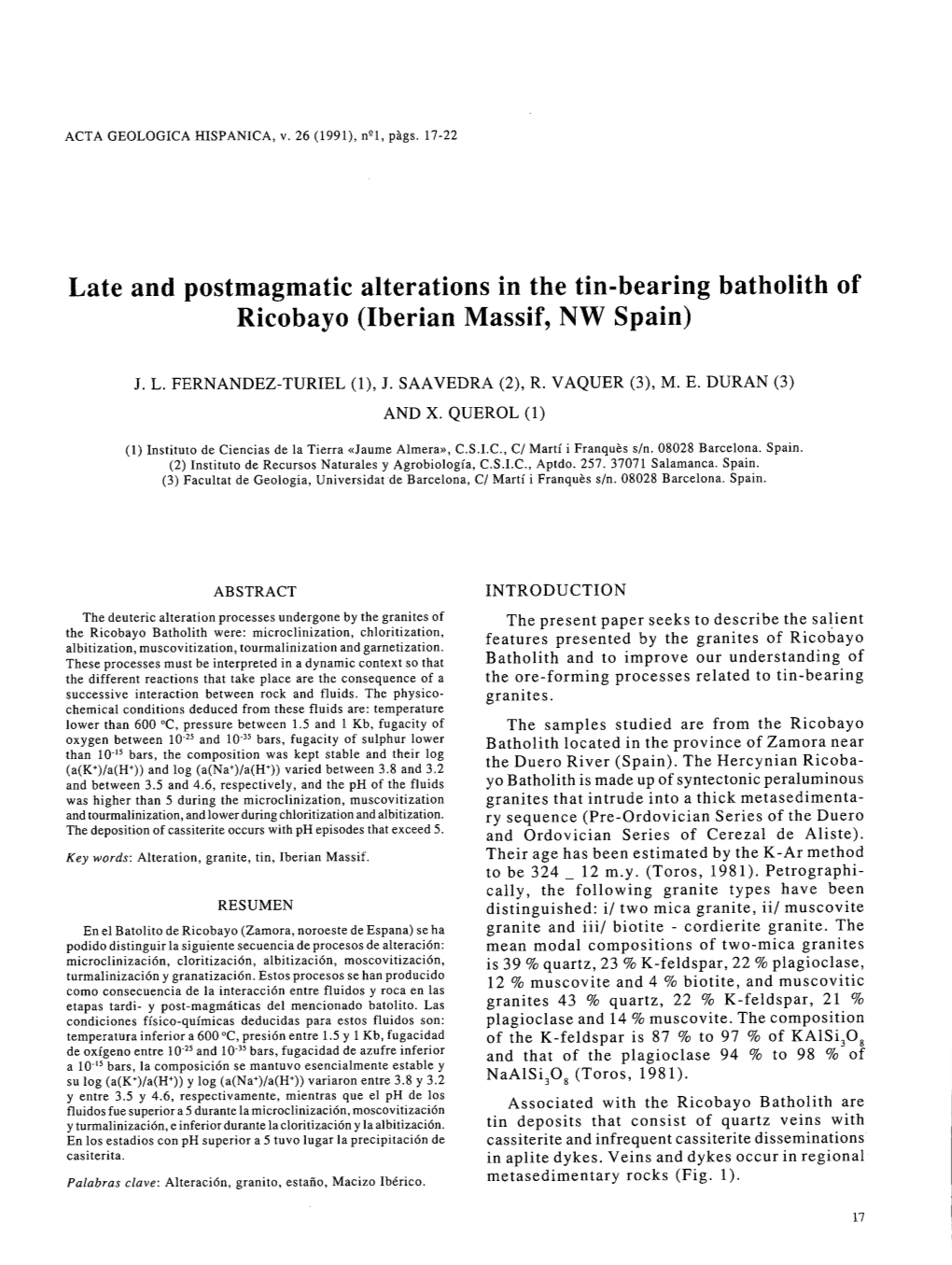 Late and Postmagmatic Alterations in the Tin-Bearing Batholith of Ricobayo (Iberian Massif, NW Spain)