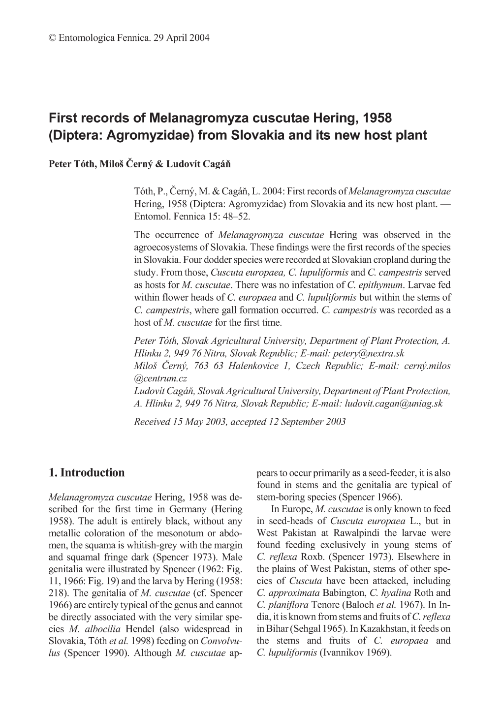 Diptera: Agromyzidae) from Slovakia and Its New Host Plant