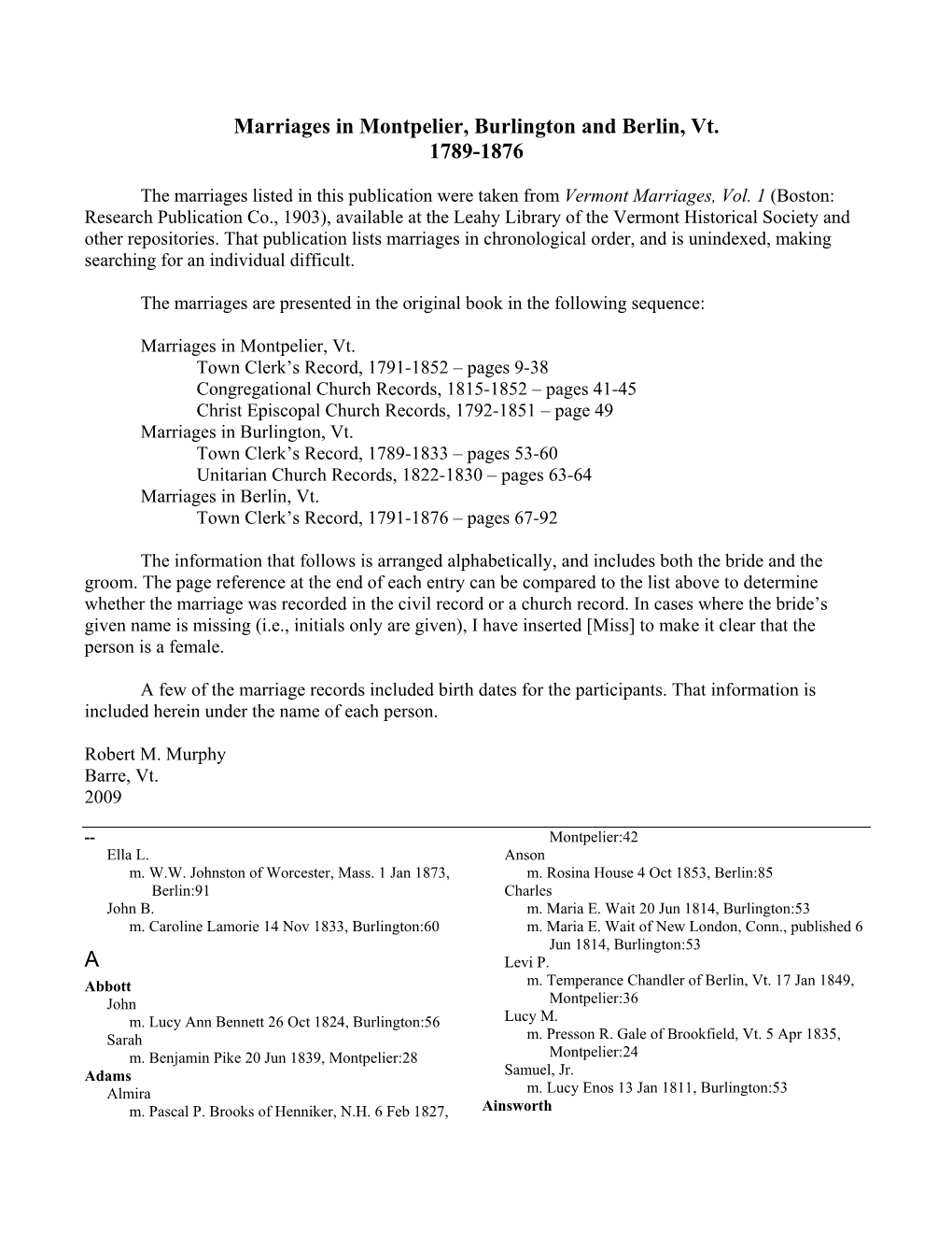 Marriages in Montpelier, Burlington and Berlin, Vt., 1789-1876