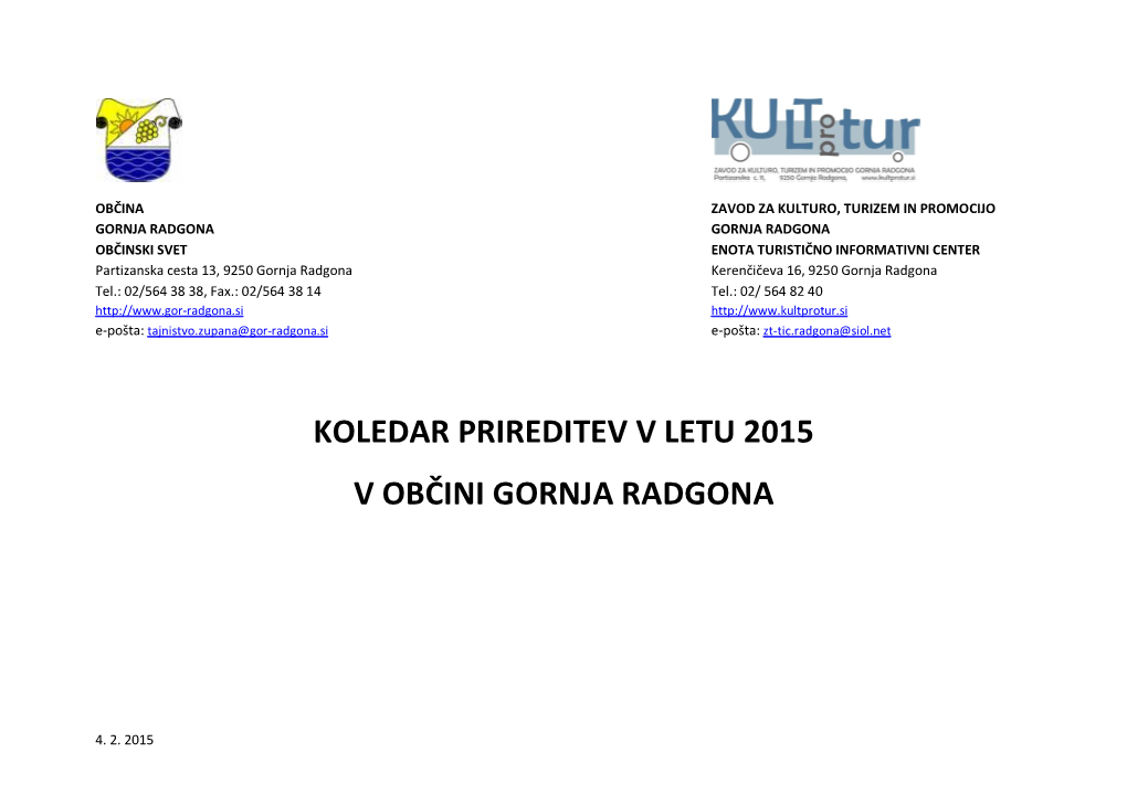 Koledar Prireditev V Letu 2015 V Občini Gornja Radgona