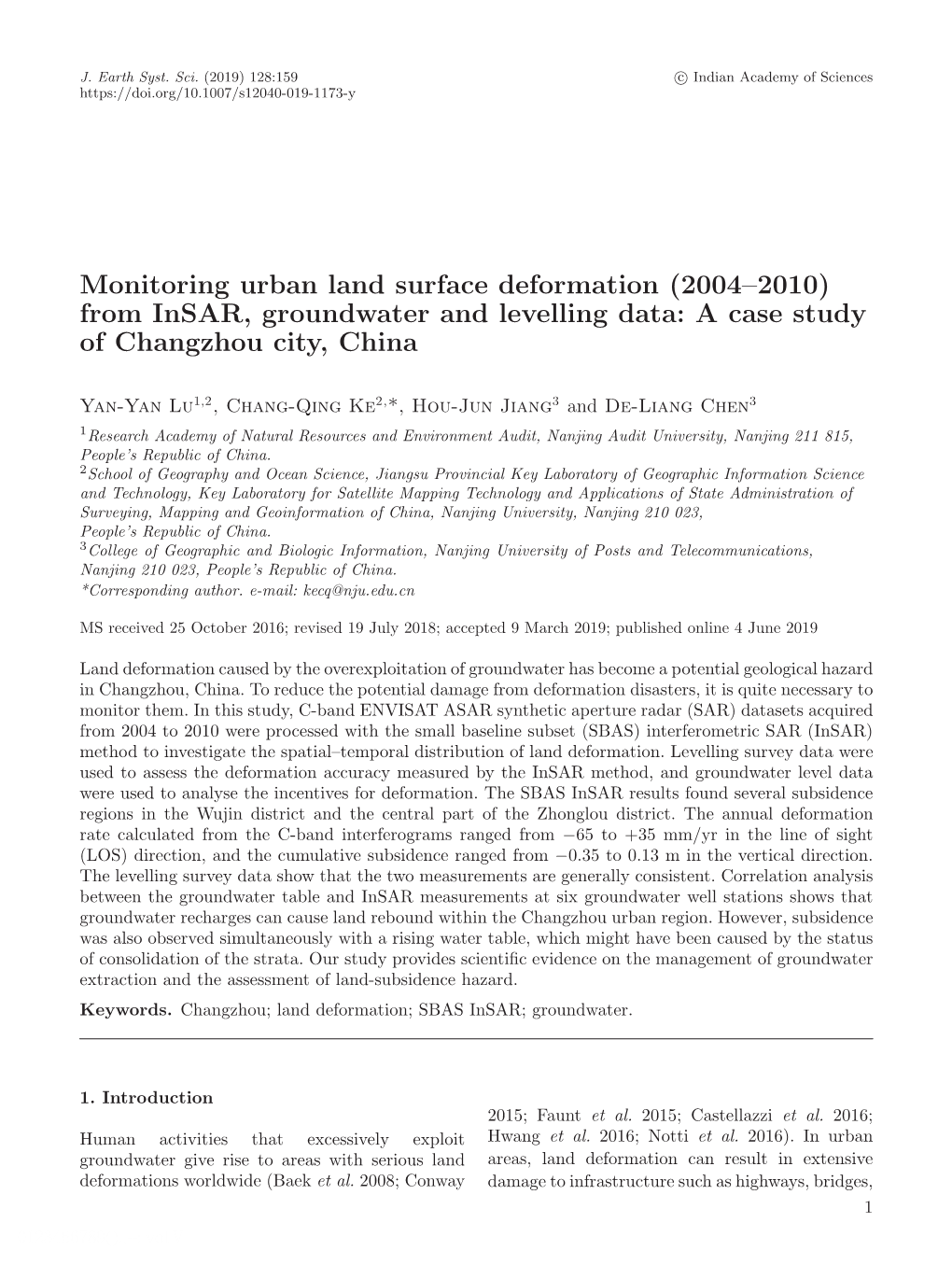 From Insar, Groundwater and Levelling Data: a Case Study of Changzhou City, China