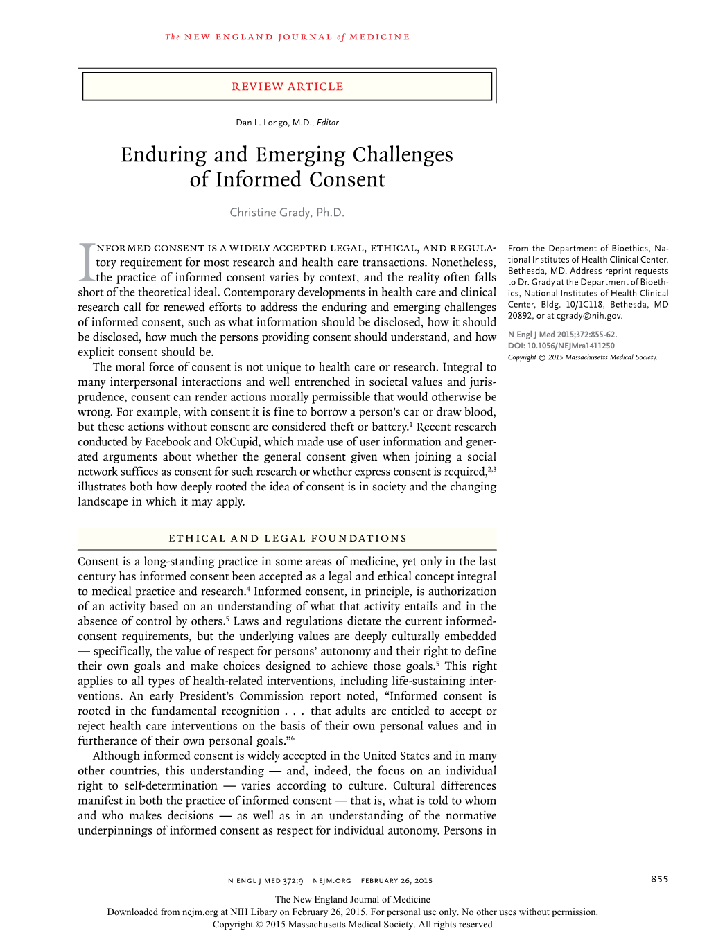 Enduring and Emerging Challenges of Informed Consent