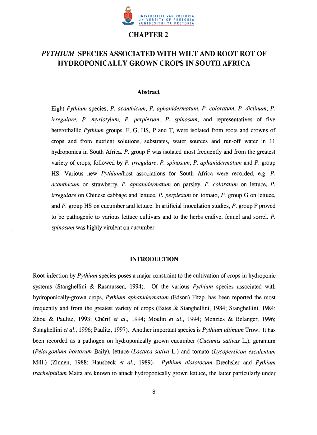 Pythium Species Associated with Wilt and Root Rot of Hydroponically Grown Crops in South Africa