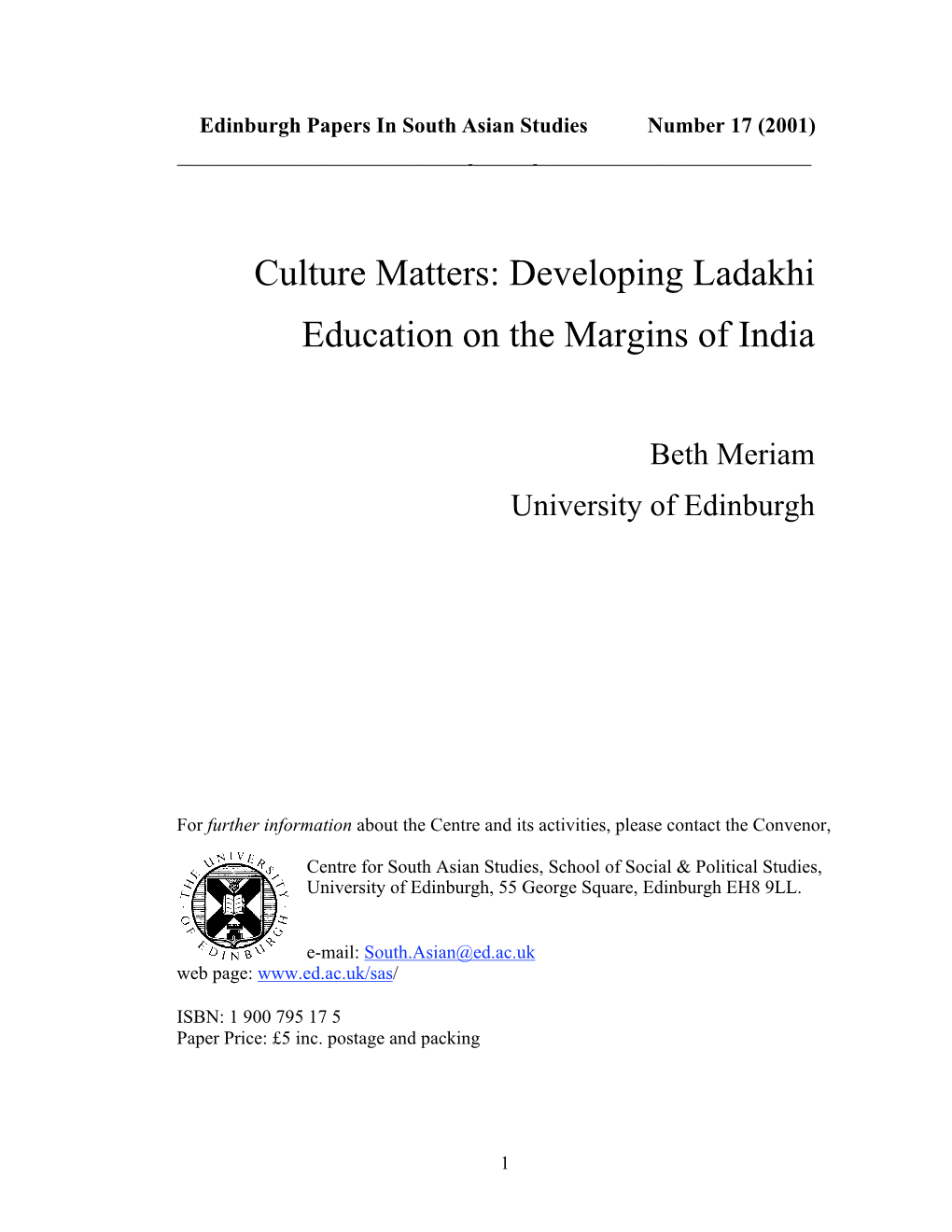 Culture Matters: Developing Ladakhi Education on the Margins of India