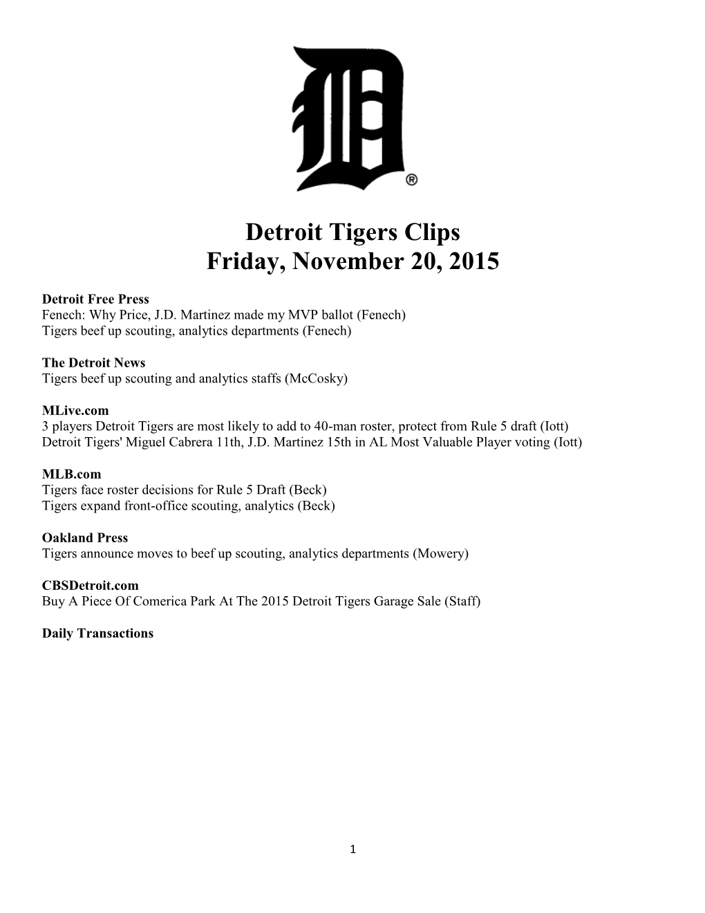 Detroit Tigers Clips Friday, November 20, 2015