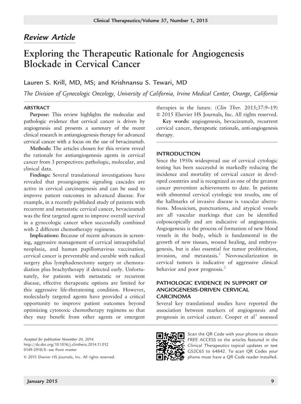 Exploring the Therapeutic Rationale for Angiogenesis Blockade in Cervical Cancer