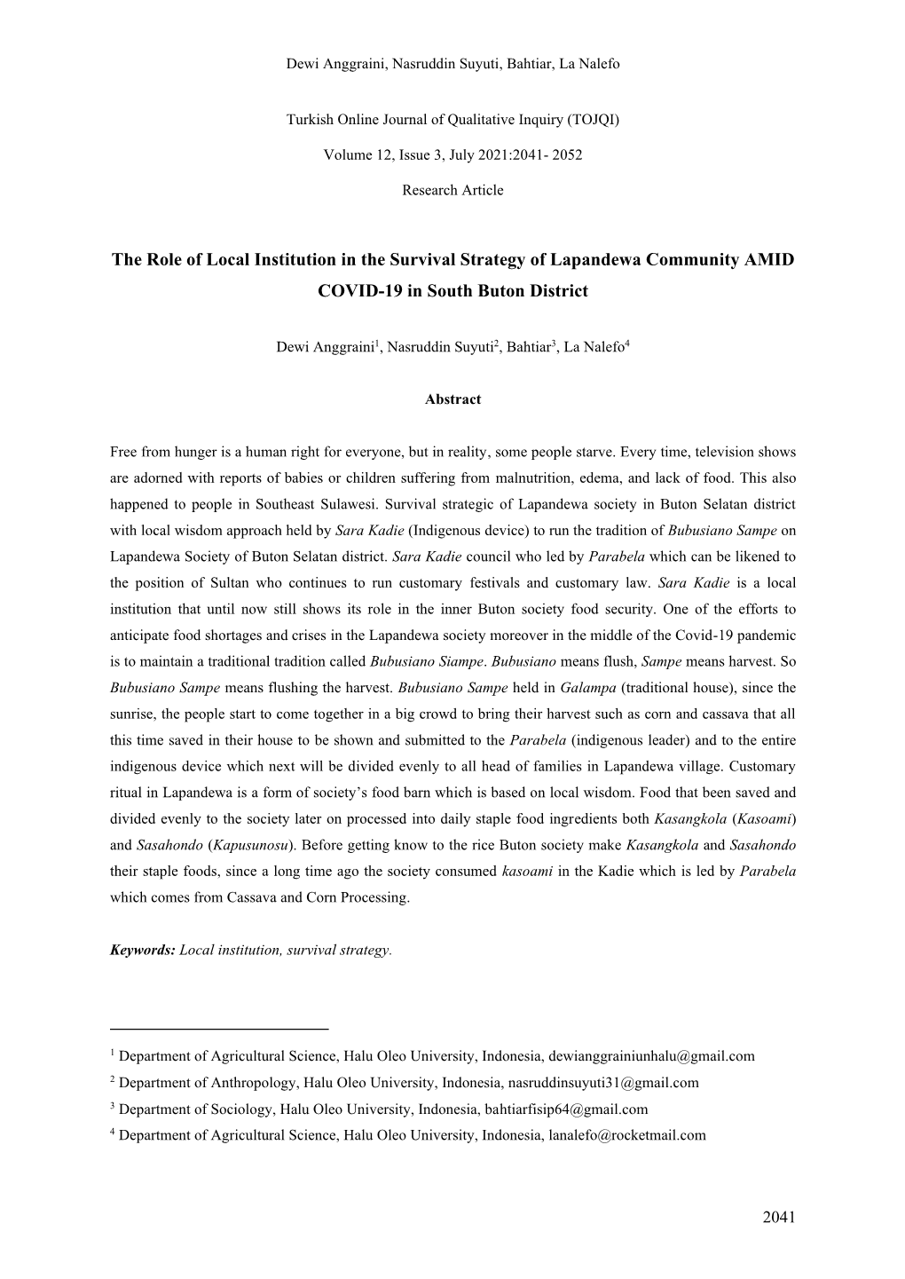 The Role of Local Institution in the Survival Strategy of Lapandewa Community AMID COVID-19 in South Buton District