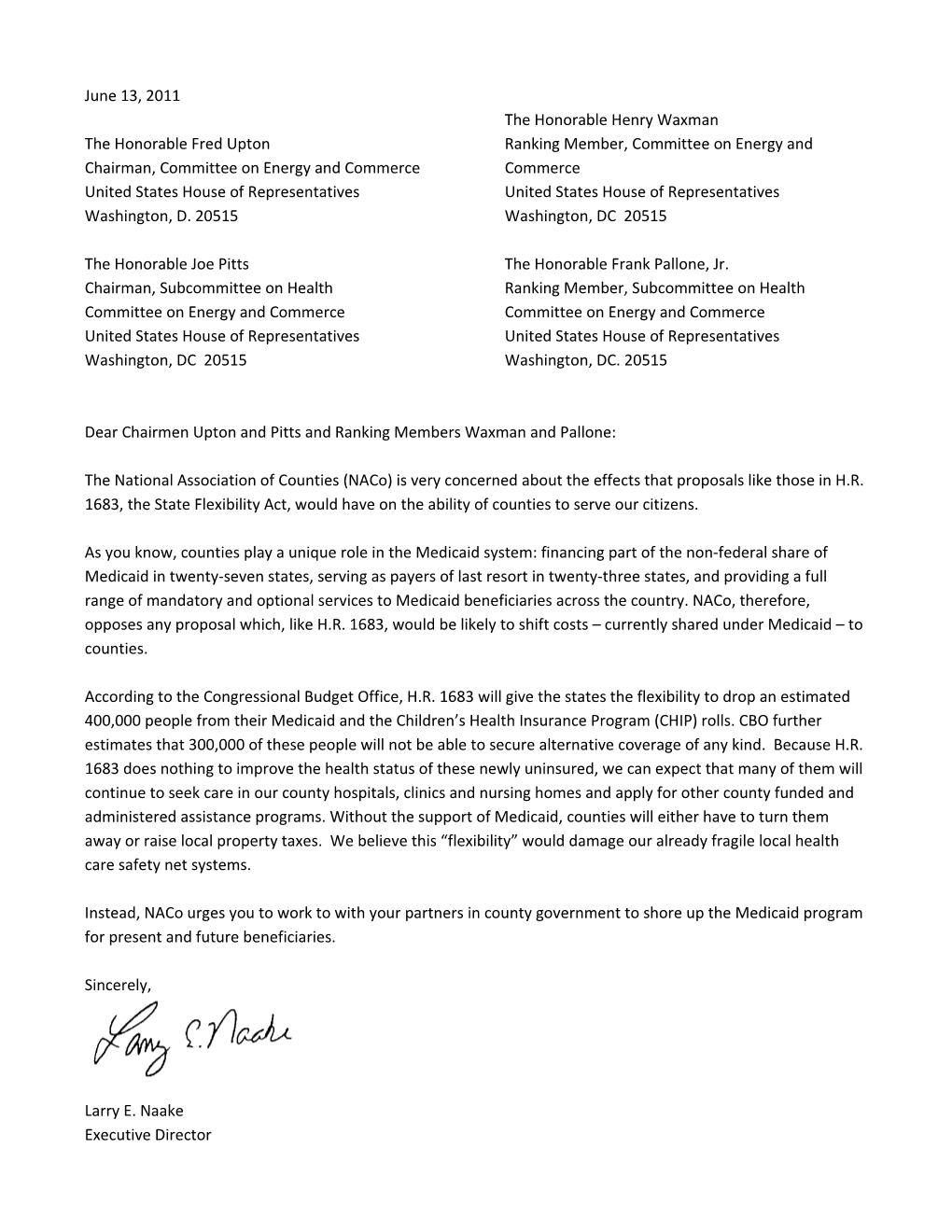 Letter to House Energy & Commerce Against H.R. 1683 & Cost-Shifting to Counties
