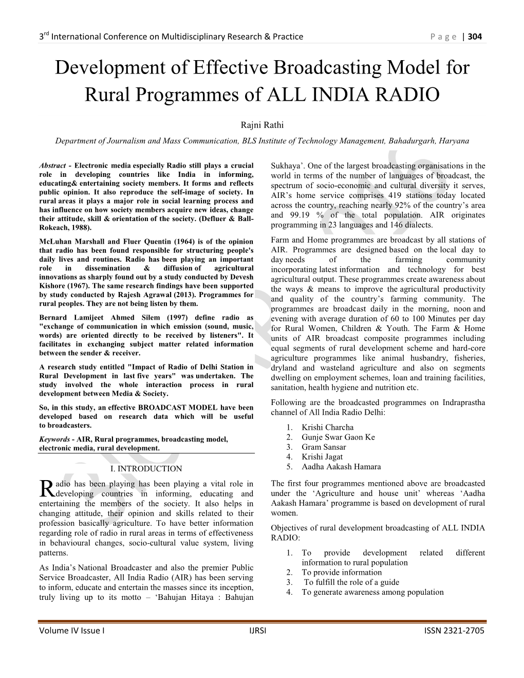 Development of Effective Broadcasting Model for Rural Programmes of ALL INDIA RADIO