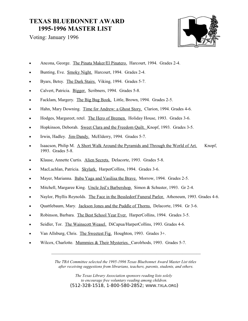 Texas Bluebonnet Award Master List s1