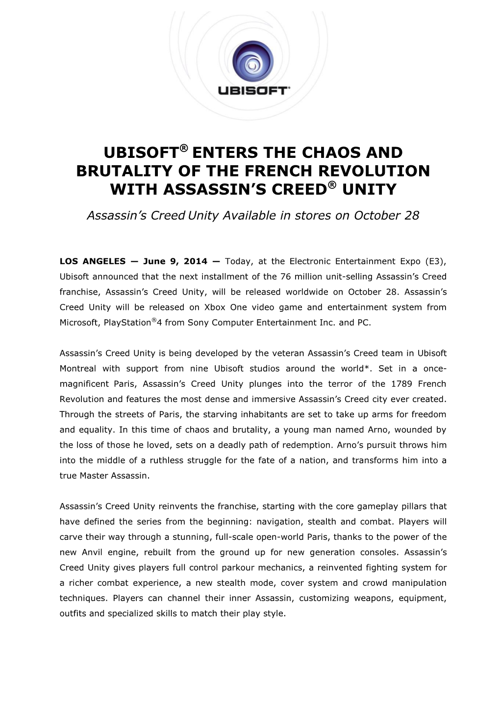 Ubisoft® Enters the Chaos and Brutality of the French Revolution with Assassin’S Creed® Unity