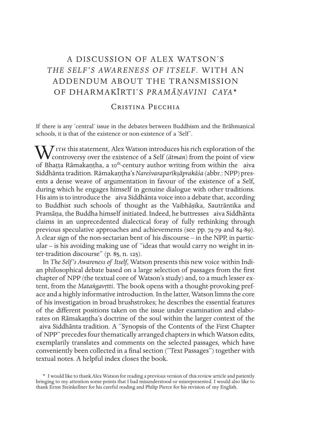 A Discussion of Alex Watson's the Self's Awareness Of