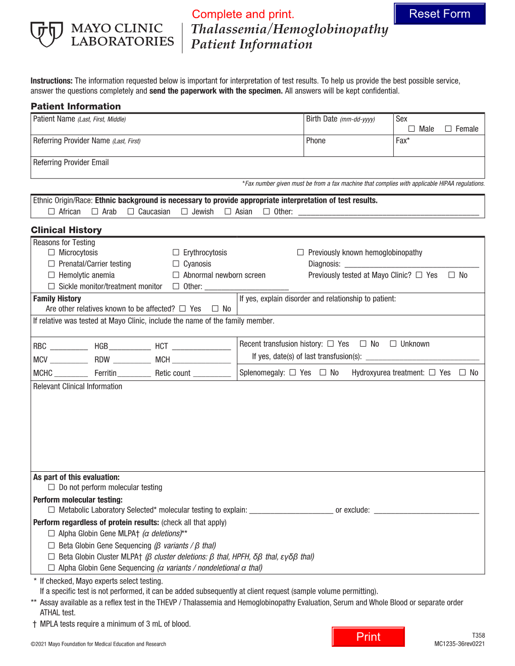 Thalassemia/Hemoglobinopathy Patient Information