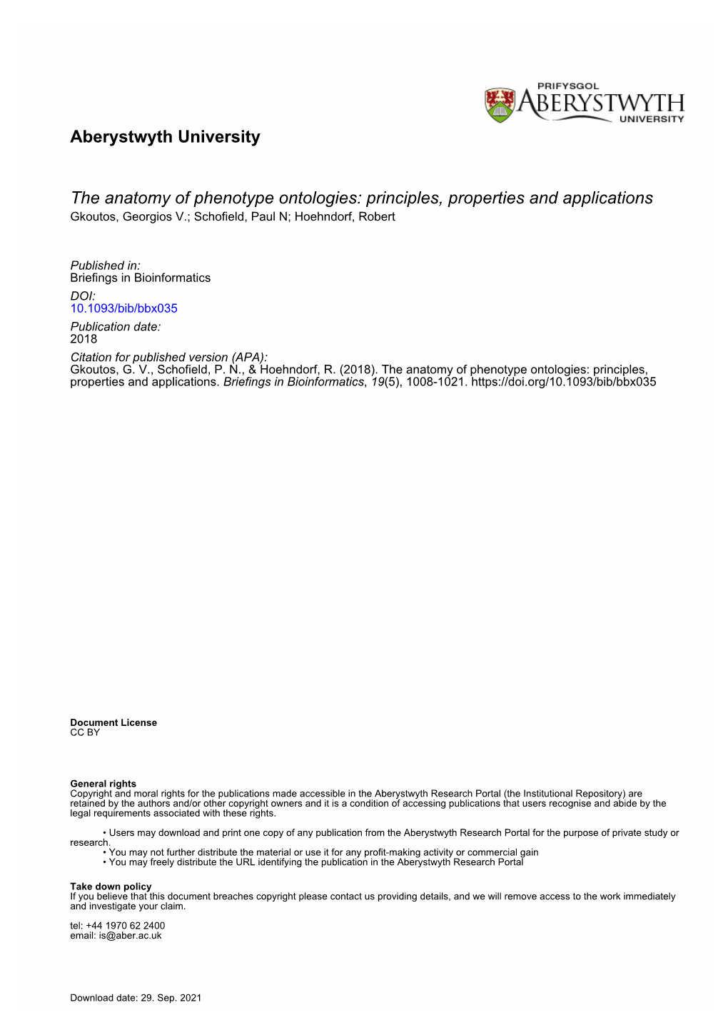 Aberystwyth University the Anatomy of Phenotype Ontologies: Principles