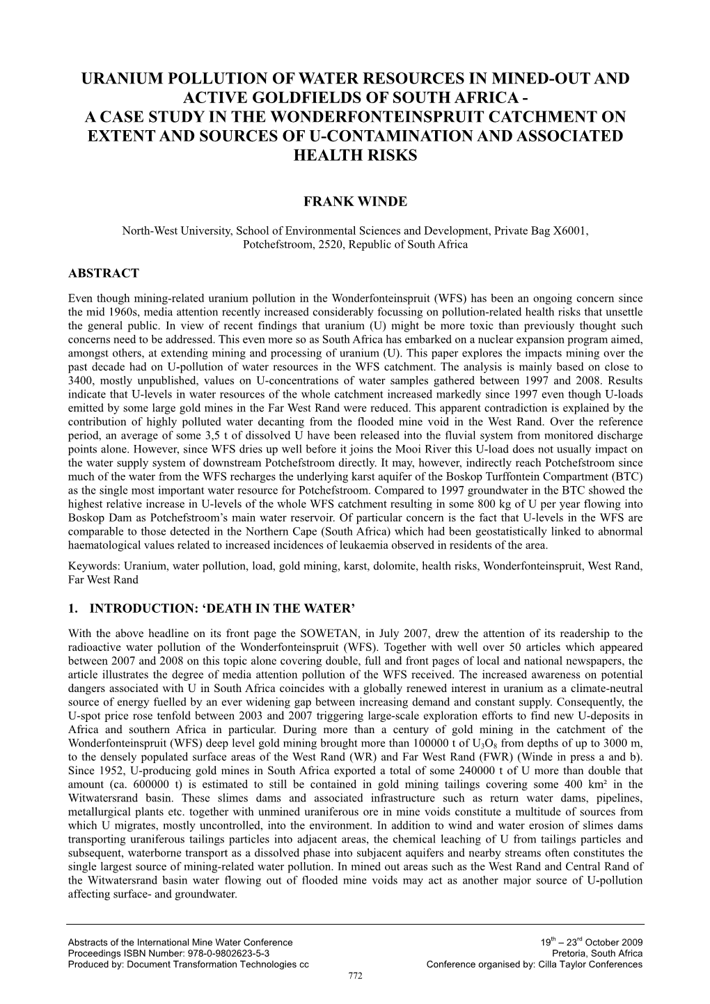 Uranium Pollution of Water Resources in Mined-Out and Active Goldfields