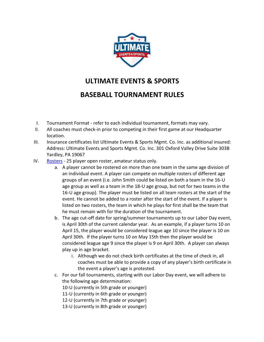 Ultimate Events & Sports Baseball Tournament Rules