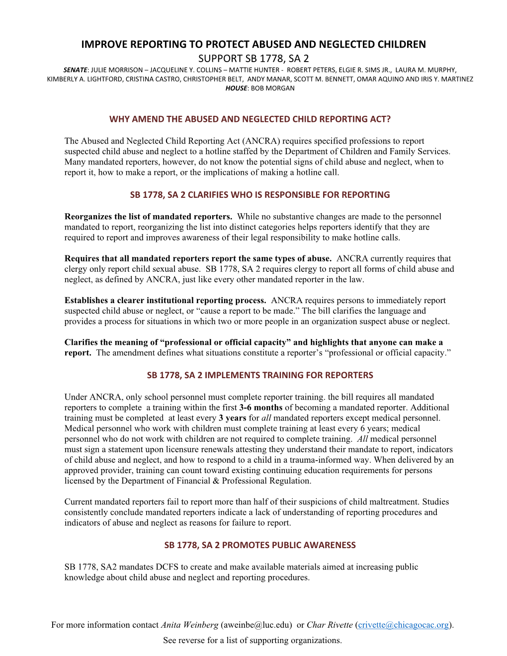 Improve Reporting to Protect Abused and Neglected Children Support Sb 1778, Sa 2 Senate: Julie Morrison – Jacqueline Y