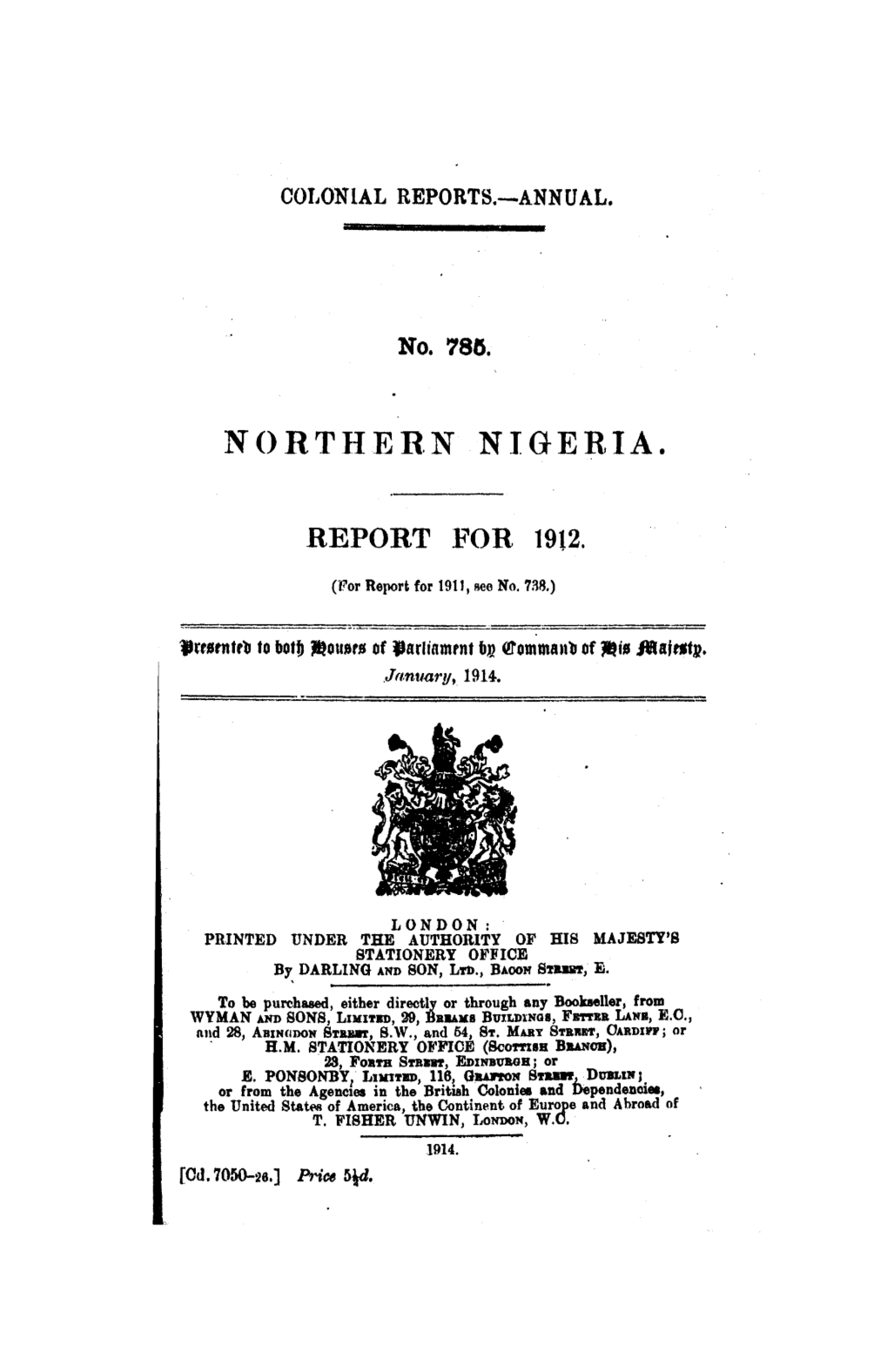 Annual Report of the Colonies, Northern Nigeria, 1912